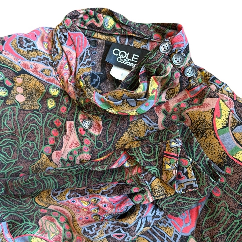 Vintage 80s Abstract Rayon Blouse Ruffle Neck Artsy Print USA Size 8 Statement - Picture 4 of 16